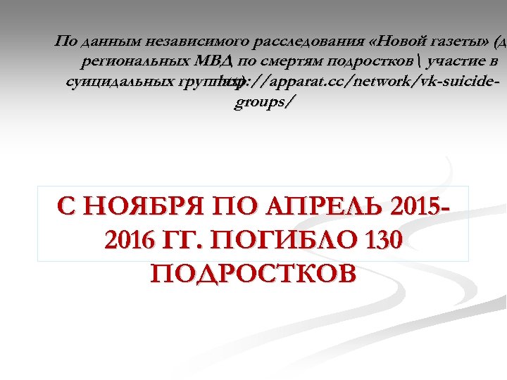 По данным независимого расследования «Новой газеты» (да (д региональных МВД по смертям подростков участие
