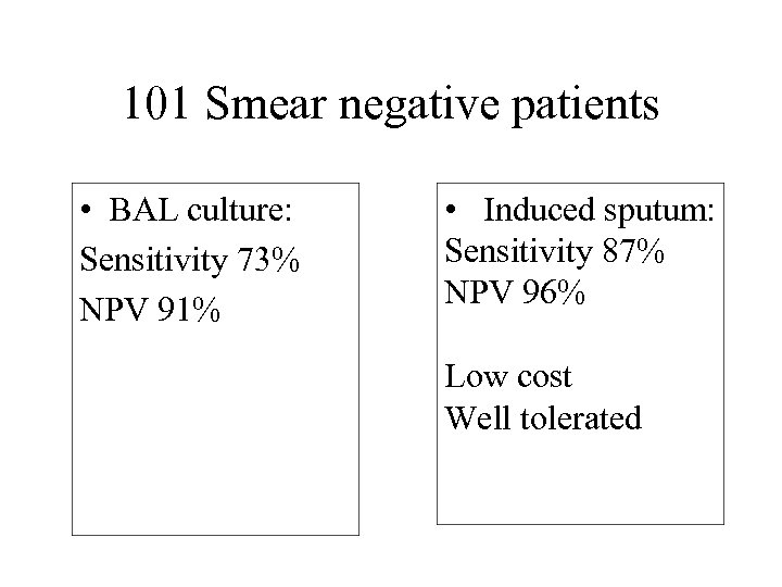 101 Smear negative patients • BAL culture: Sensitivity 73% NPV 91% • Induced sputum: