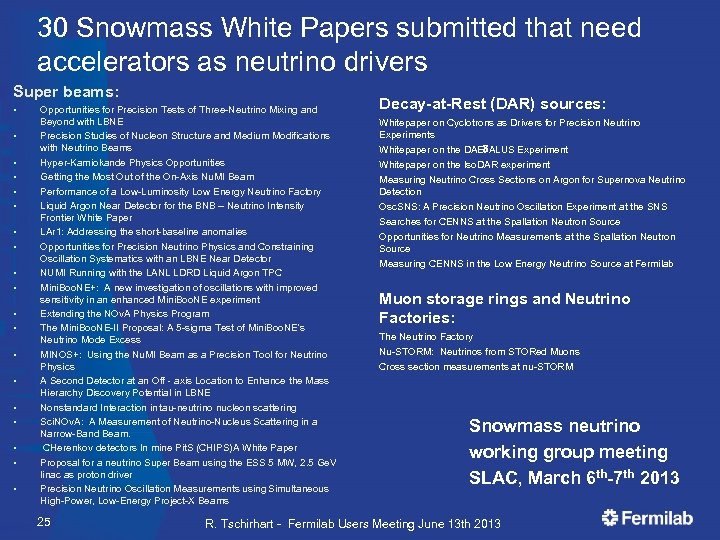 30 Snowmass White Papers submitted that need accelerators as neutrino drivers Super beams: •