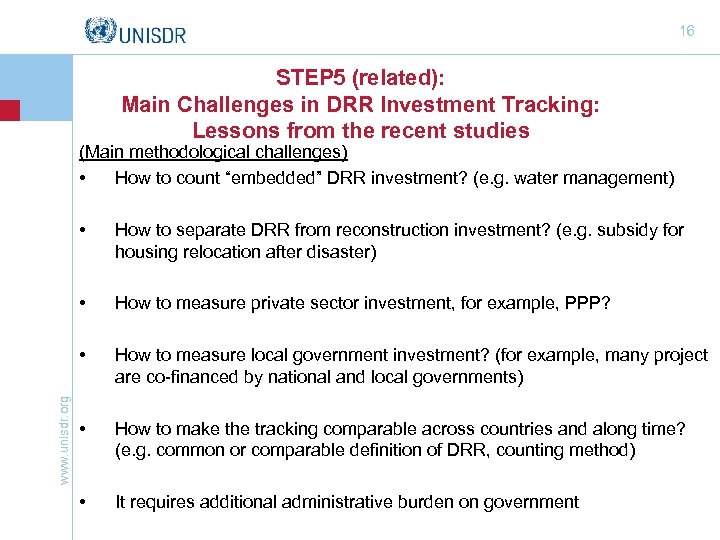 16 STEP 5 (related): Main Challenges in DRR Investment Tracking: Lessons from the recent