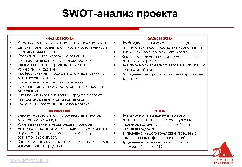 SWOT-анализ проекта www. defagroup. ru 