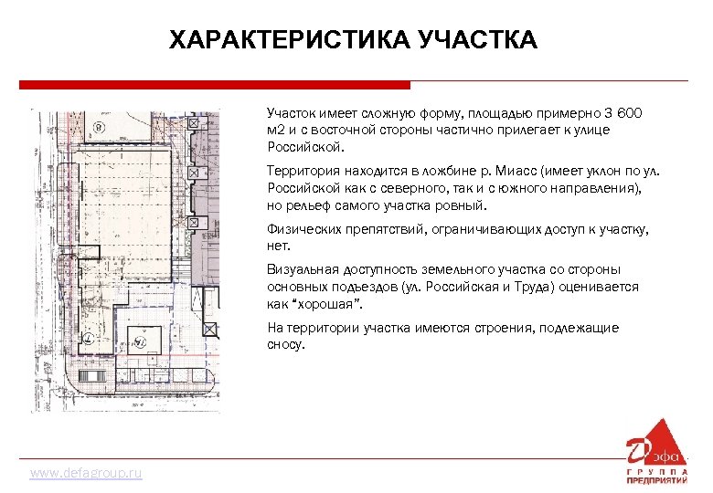 ХАРАКТЕРИСТИКА УЧАСТКА Участок имеет сложную форму, площадью примерно 3 600 м 2 и с