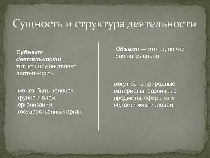 Сущность и структура деятельности Субъект деятельности — тот, кто осуществляет деятельность может быть человек,