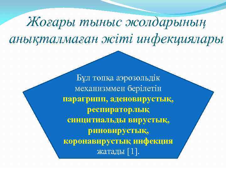 Жоғары тыныс жолдарының анықталмаған жіті инфекциялары Бұл топқа аэрозольдік механизммен берілетін парагрипп, аденовирустық, респираторлық