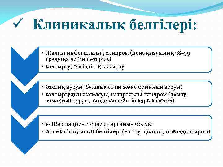 ü Клиникалық белгілері: • Жалпы инфекциялық синдром (дене қызуының 38– 39 градусқа дейін көтерілуі