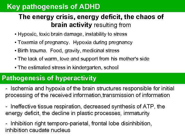 Key pathogenesis of ADHD The energy crisis, energy deficit, the chaos of brain activity