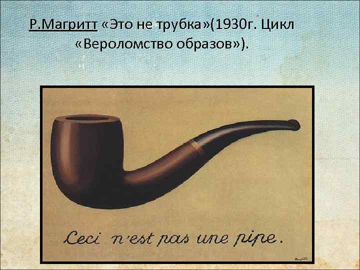 Р. Магритт «Это не трубка» (1930 г. Цикл «Вероломство образов» ). 