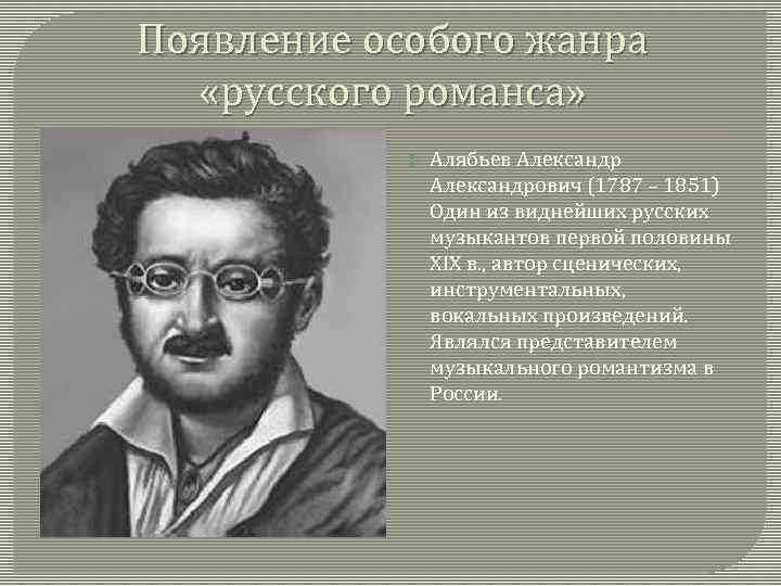 Появление особого жанра «русского романса» Алябьев Александрович (1787 – 1851) Один из виднейших русских