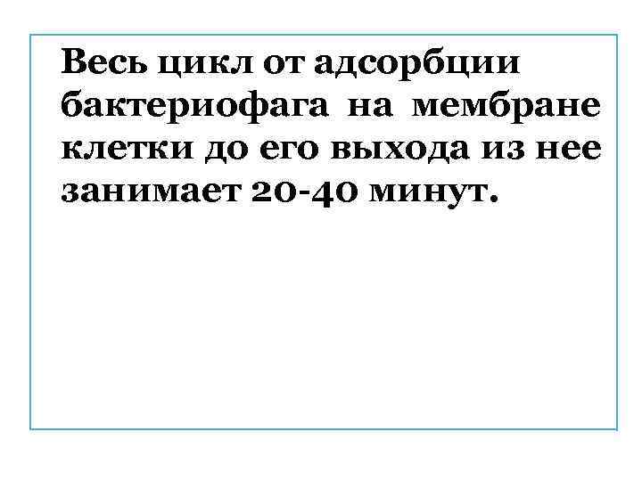 Весь цикл от адсорбции бактериофага на мембране клетки до его выхода из нее занимает
