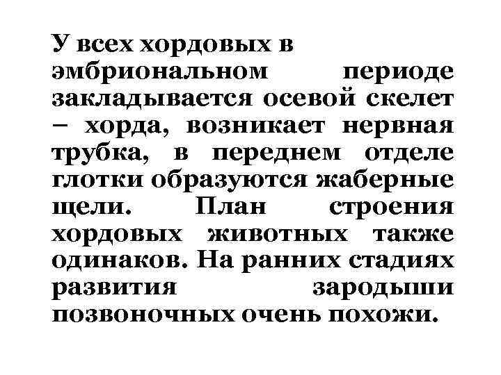 У всех хордовых в эмбриональном периоде закладывается осевой скелет – хорда, возникает нервная трубка,