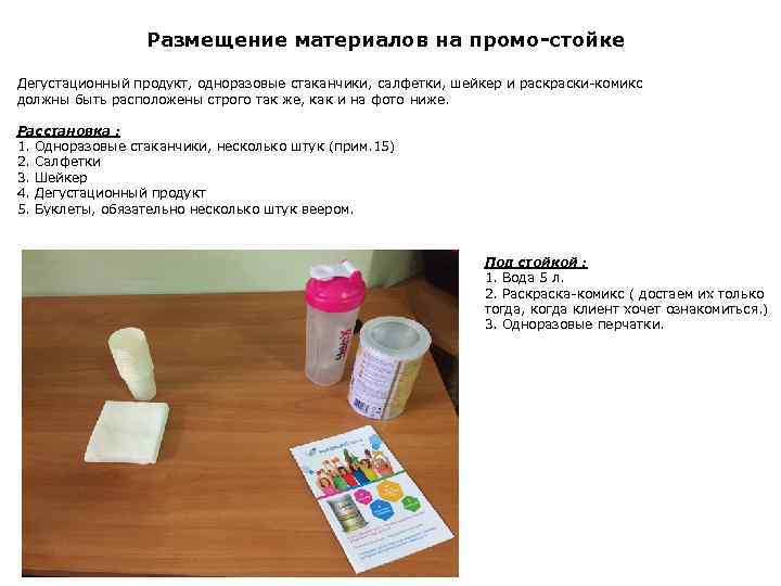 Размещение материалов на промо-стойке Дегустационный продукт, одноразовые стаканчики, салфетки, шейкер и раски-комикс должны быть
