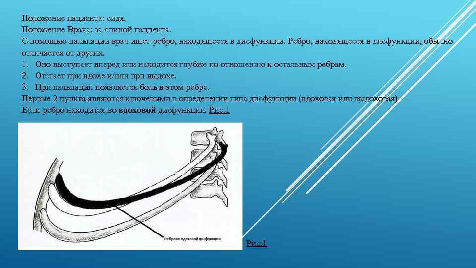 Положение пациента: сидя. Положение Врача: за спиной пациента. С помощью пальпации врач ищет ребро,
