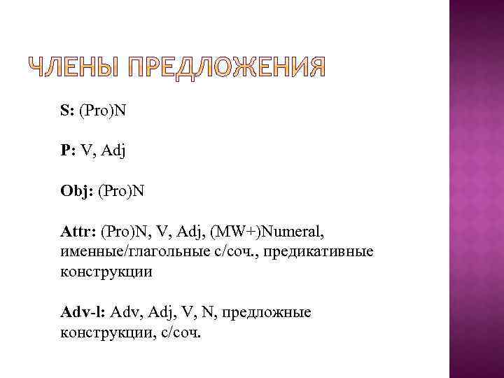 S: (Pro)N P: V, Adj Obj: (Pro)N Attr: (Pro)N, V, Adj, (MW+)Numeral, именные/глагольные с/соч.