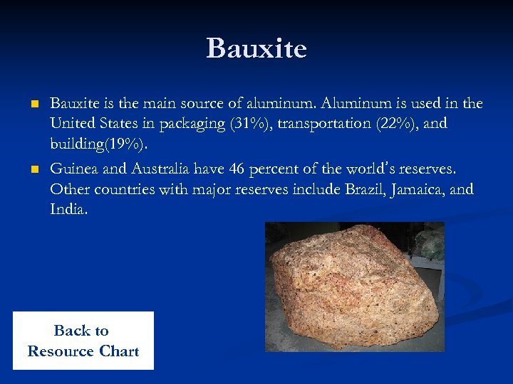 Bauxite n n Bauxite is the main source of aluminum. Aluminum is used in