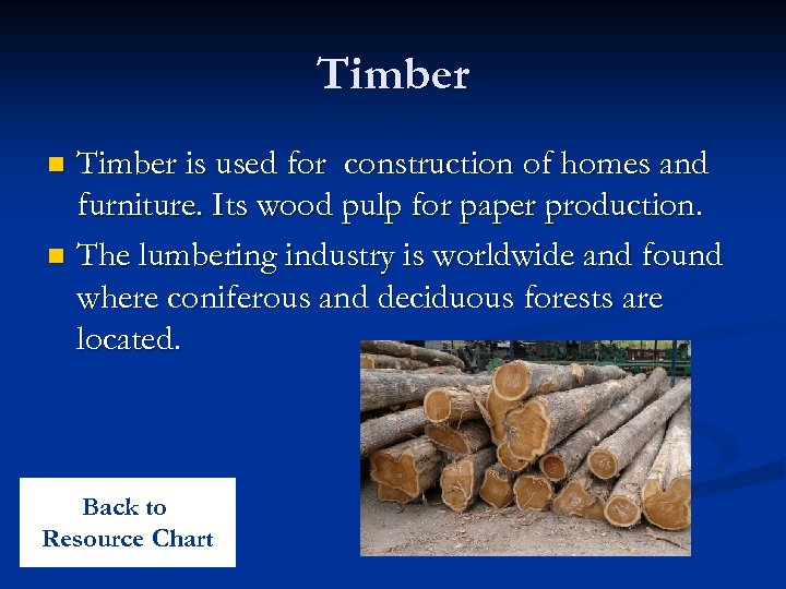 Timber is used for construction of homes and furniture. Its wood pulp for paper