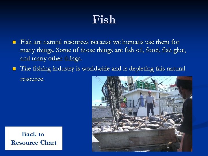 Fish n n Fish are natural resources because we humans use them for many