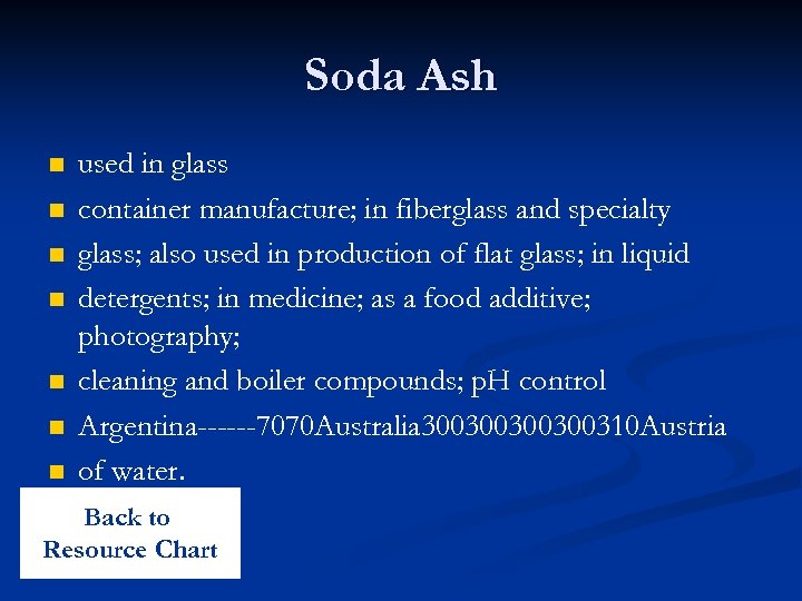 Soda Ash n n n n used in glass container manufacture; in fiberglass and