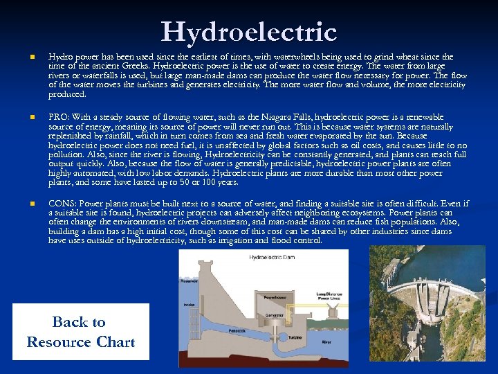 Hydroelectric n Hydro power has been used since the earliest of times, with waterwheels