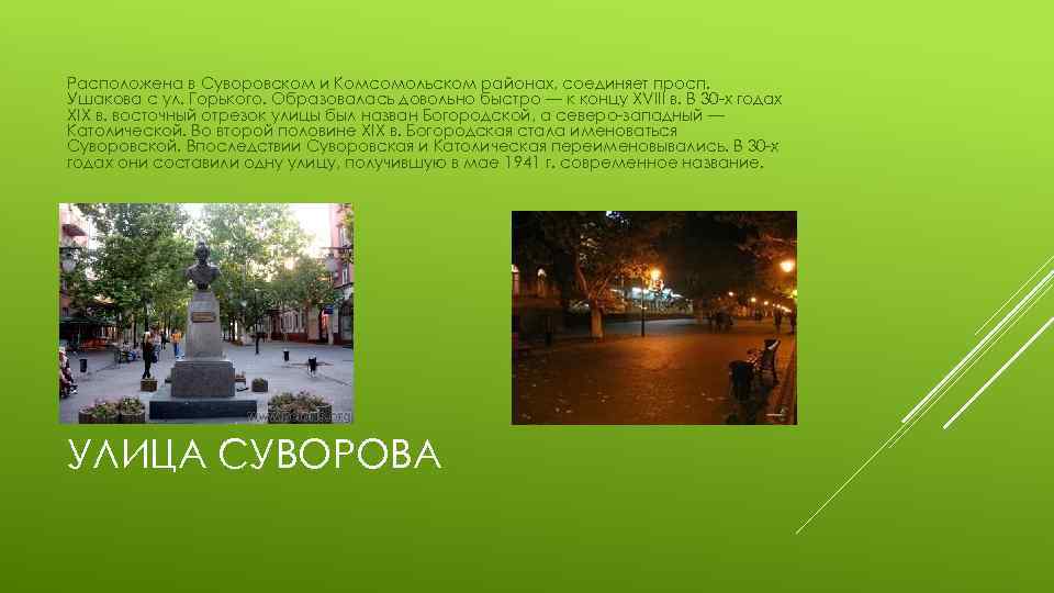 Расположена в Суворовском и Комсомольском районах, соединяет просп. Ушакова с ул. Горького. Образовалась довольно