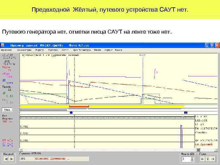 Предвходной Жёлтый, путевого устройства САУТ нет. Путевого генератора нет, отметки писца САУТ на ленте