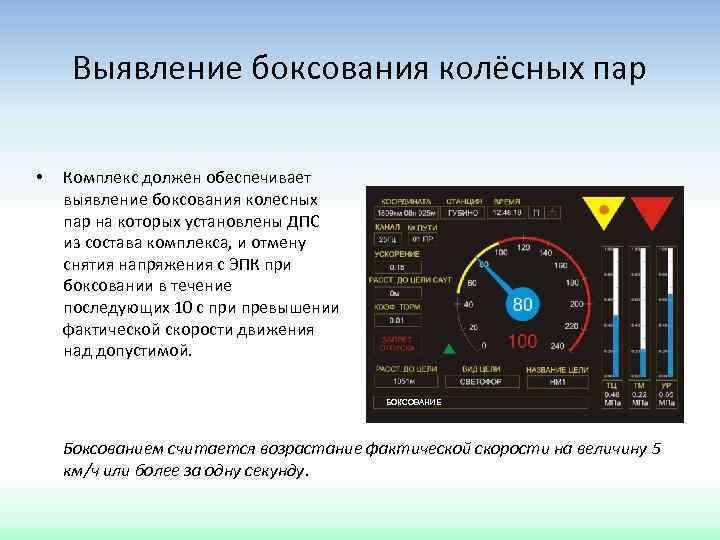 Выявление боксования колёсных пар • Комплекс должен обеспечивает выявление боксования колесных пар на которых