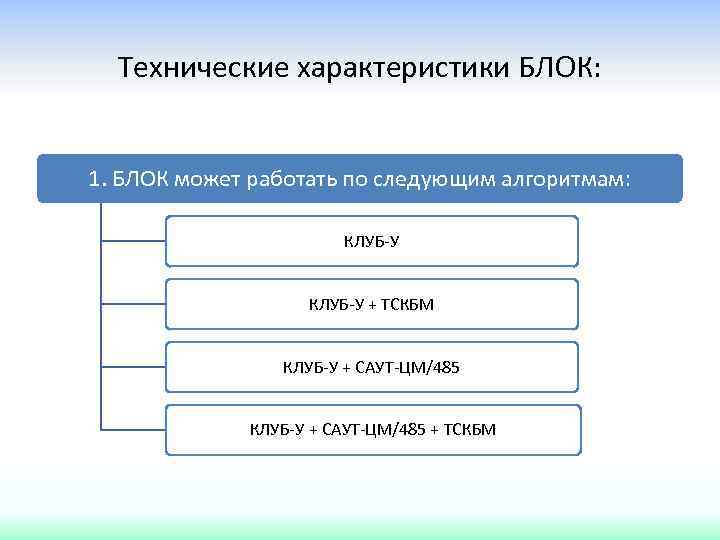 Технические характеристики БЛОК: 1. БЛОК может работать по следующим алгоритмам: КЛУБ-У + ТСКБМ КЛУБ-У