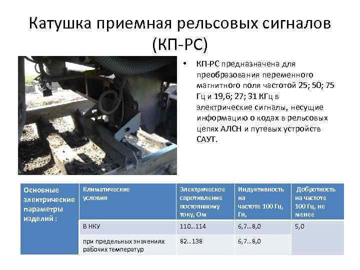 Катушка приемная рельсовых сигналов (КП-РС) • Климатические Основные электрические условия параметры изделий : КП-РС