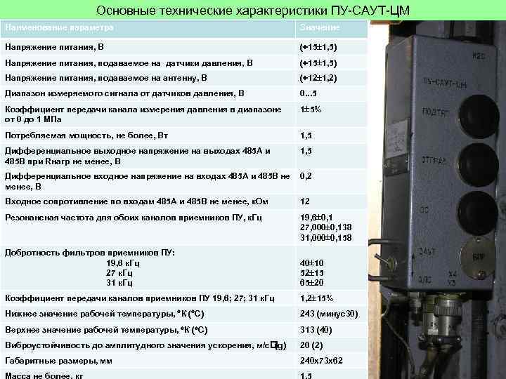 Основные технические характеристики ПУ-САУТ-ЦМ Наименование параметра Значение Напряжение питания, В (+15 1, 5) Напряжение