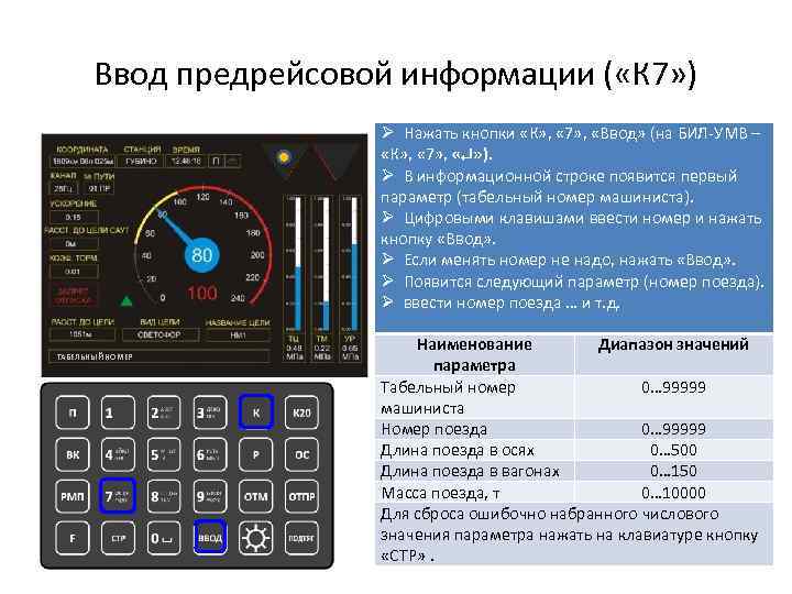 Ввод предрейсовой информации ( «К 7» ) Ø Нажать кнопки «К» , « 7»