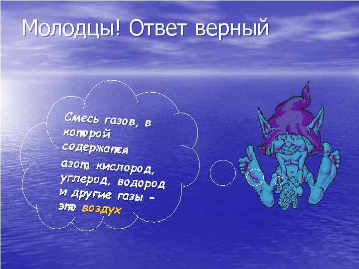 Молодцы! Ответ верный Смесь газов, в которой содержатся азот, кислород , углерод, водор од