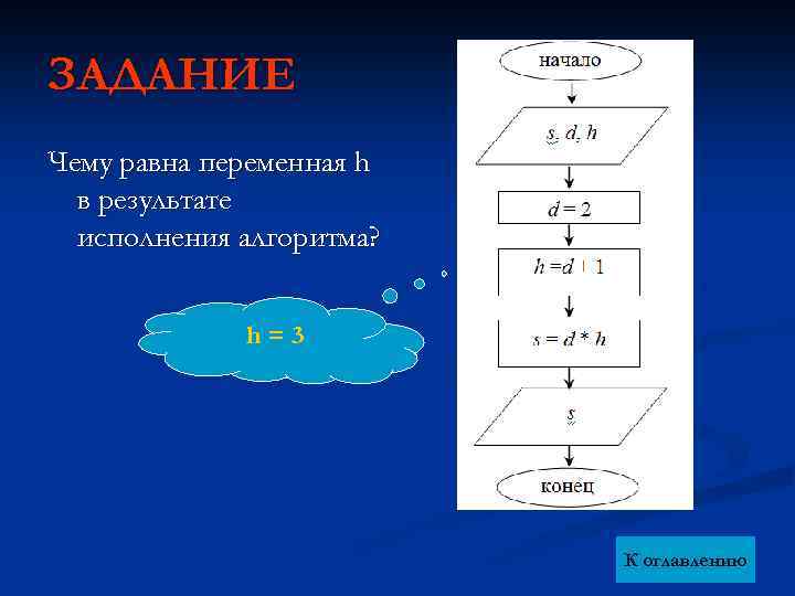 ЗАДАНИЕ Чему равна переменная h в результате исполнения алгоритма? h=3 К оглавлению 