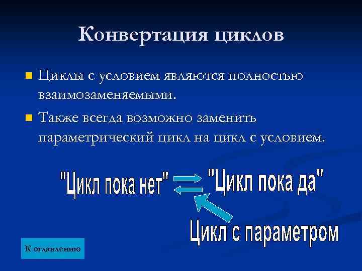 Конвертация циклов Циклы с условием являются полностью взаимозаменяемыми. n Также всегда возможно заменить параметрический