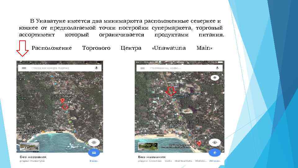 В Унаватуне имеется два минимаркета расположенные севернее и южнее от предполагаемой точки постройки супермаркета,
