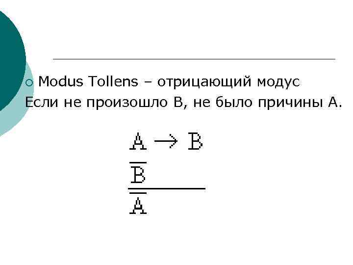 Modus Tollens – отрицающий модус Если не произошло B, не было причины A. ¡