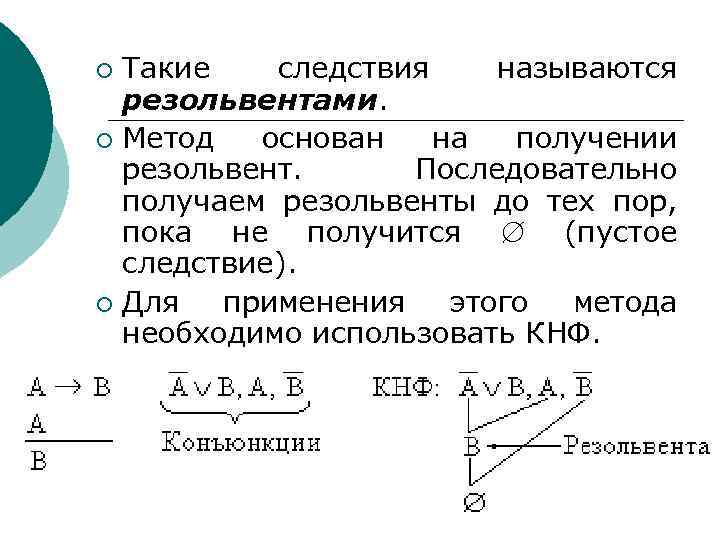 Такие следствия называются резольвентами. ¡ Метод основан на получении резольвент. Последовательно получаем резольвенты до
