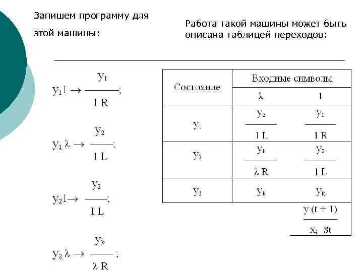 Запишем программу для этой машины: Работа такой машины может быть описана таблицей переходов: 