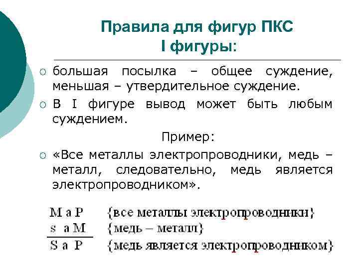 Правила для фигур ПКС I фигуры: ¡ ¡ ¡ большая посылка – общее суждение,