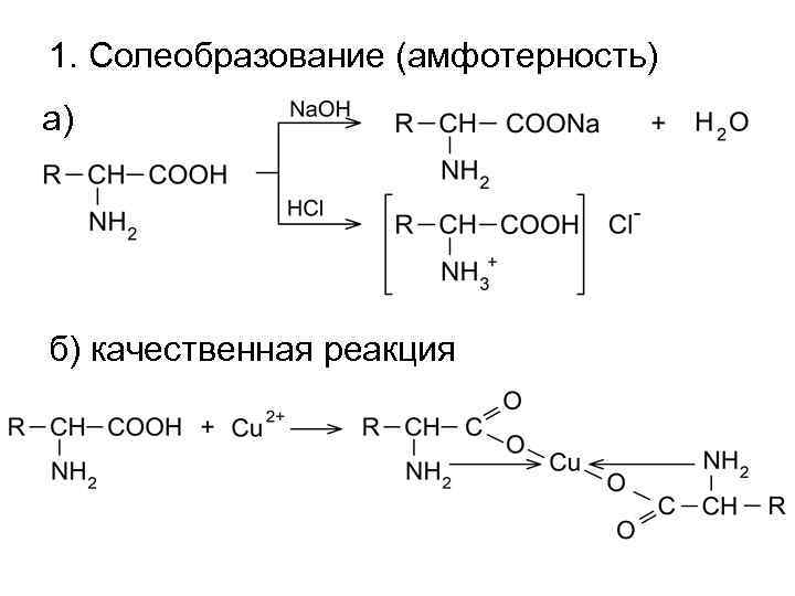 1. Солеобразование (амфотерность) а) б) качественная реакция 