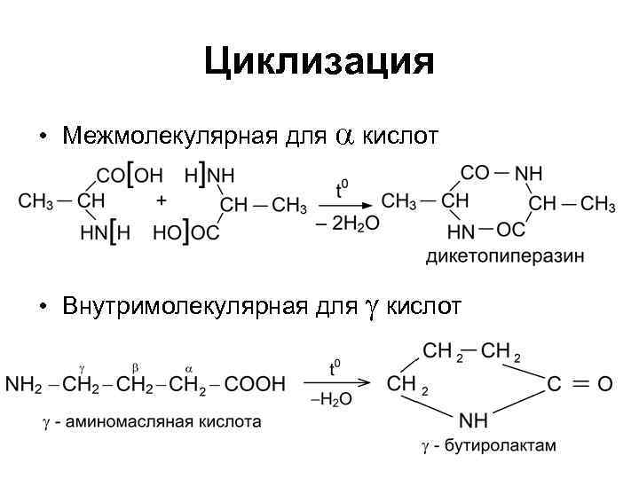 Циклизация • Межмолекулярная для a кислот • Внутримолекулярная для g кислот 