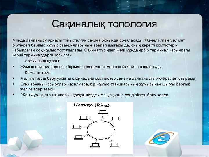 Сақиналық топология Мұнда байланысу арнайы тұйықталған сақина бойында орналасады. Жөнелтілген мәлімет біртіндеп барлық жұмыс