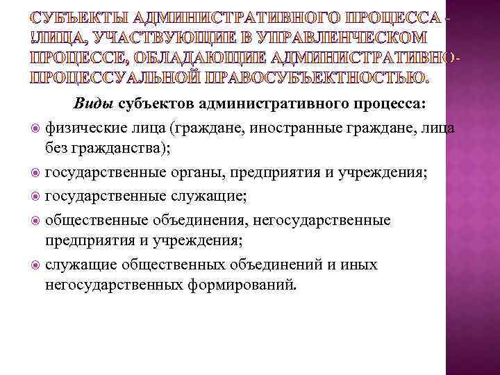 Виды субъектов административного процесса: физические лица (граждане, иностранные граждане, лица без гражданства); государственные органы,