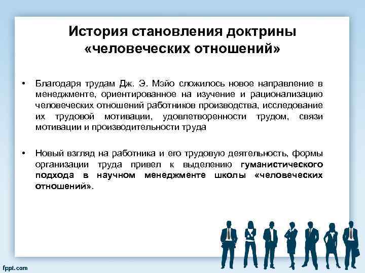 История становления доктрины «человеческих отношений» • • Благодаря трудам Дж. Э. Мэйо сложилось новое