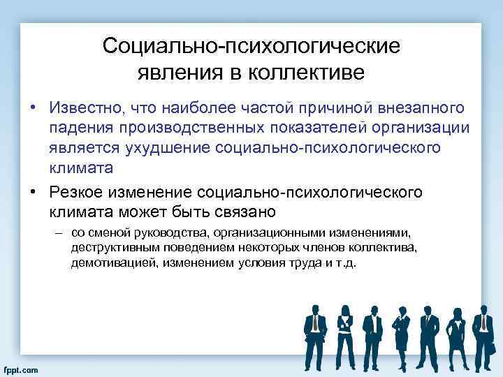 Социально психологические явления в коллективе • Известно, что наиболее частой причиной внезапного падения производственных