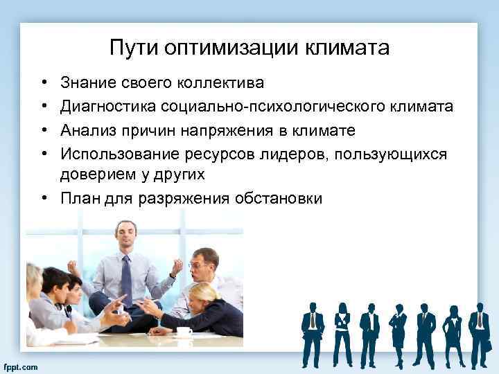 Пути оптимизации климата • • Знание своего коллектива Диагностика социально психологического климата Анализ причин