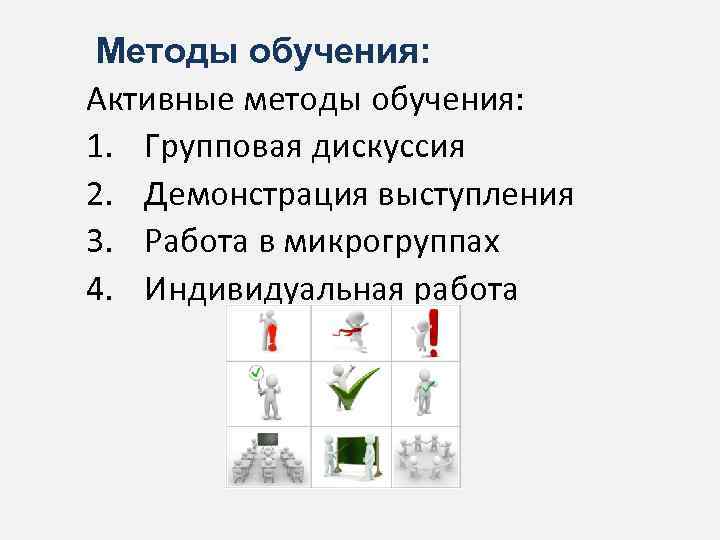 Методы обучения: Активные методы обучения: 1. Групповая дискуссия 2. Демонстрация выступления 3. Работа в