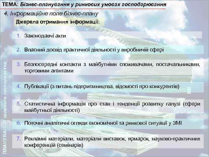 ТЕМА: Бізнес-планування у ринкових умовах господарювання 4. Інформаційне поле бізнес-плану Джерела отримання інформації: 1.