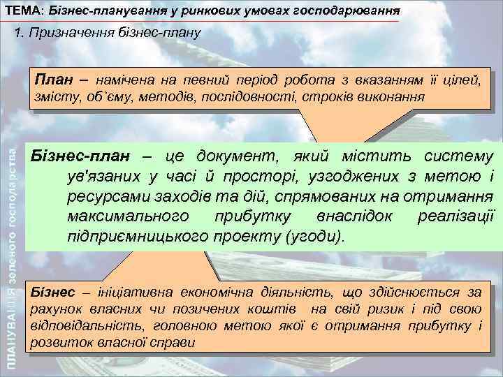 ТЕМА: Бізнес-планування у ринкових умовах господарювання 1. Призначення бізнес-плану План – намічена на певний