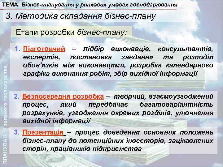 ТЕМА: Бізнес-планування у ринкових умовах господарювання 3. Методика складання бізнес-плану ПЛАНУВАННЯ зеленого господарства Етапи