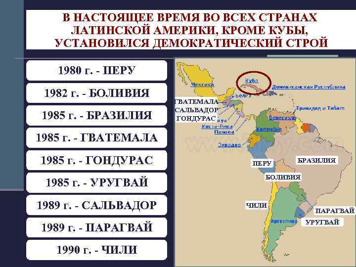 В НАСТОЯЩЕЕ ВРЕМЯДИКТАТУР ПЕРЕХОД ОТ ВО ВСЕХ СТРАНАХ ЛАТИНСКОЙ АМЕРИКИ, КРОМЕ КУБЫ, К КОНСТИТУЦИОННЫМ