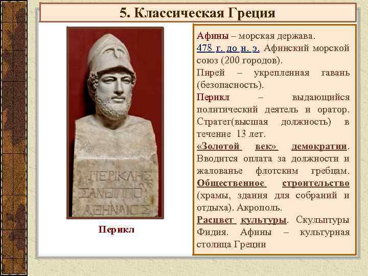 5. Классическая Греция Перикл Афины – морская держава. 478 г. до н. э. Афинский